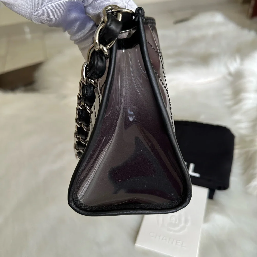 CHANEL Silver Quilted PVC Shoulder Bag with Black Trim
